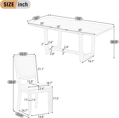 Vista 2 de Merax Juego de mesa de comedor extensible de 7 piezas para 6, mesa de cocina rectangular con 6 sillas tapizadas y respaldo curvado para comedor