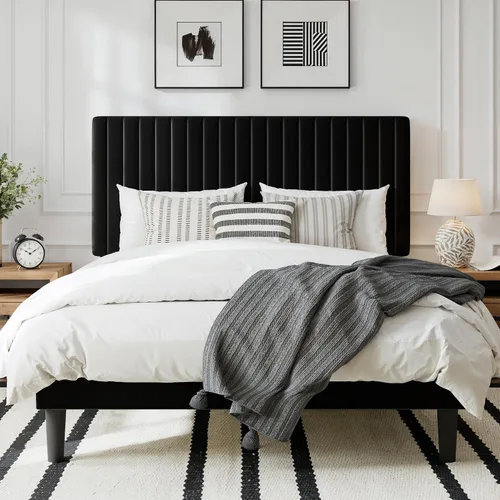 Vista 11 de GOLDORO Base de cama tapizada de terciopelo de tamaño matrimonial con cabecera capitoné de canal vertical, soporte de listones de madera,