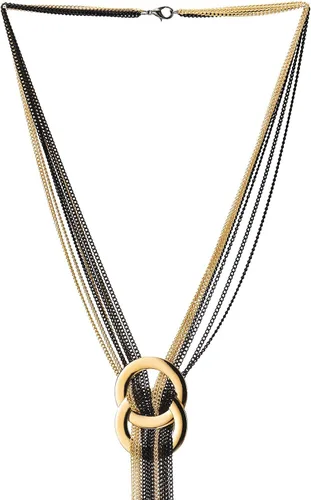 Vista 2 de COOLSTEELANDBEYOND Collar de cadenas multihebra de oro negro con dije de dos círculos entrelazados con borla larga, Metal, no aplica