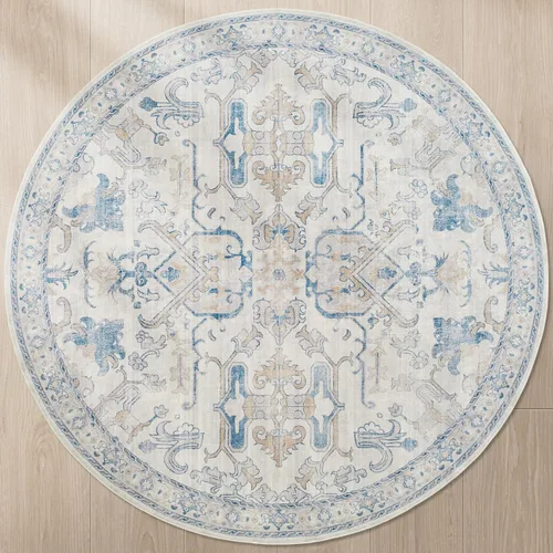 Vista 47 de jinchan Lima - Alfombra simétrica floral geométrica lavable, alfombra de entrada de medio círculo de 2 x 3, alfombra de media luna, suave y Azul