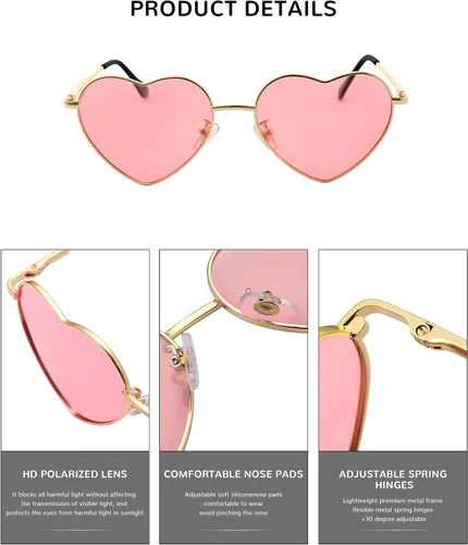Vista 4 de Lentes de sol polarizados con forma de corazón para mujer, protección UV400, estilo encantador, marco de metal