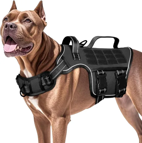 Vista 8 de Arnés para perros grandes resistente, arnés táctico sin tirones para perro con sistema Molle, chaleco para perro de servicio fácil de poner y Negro