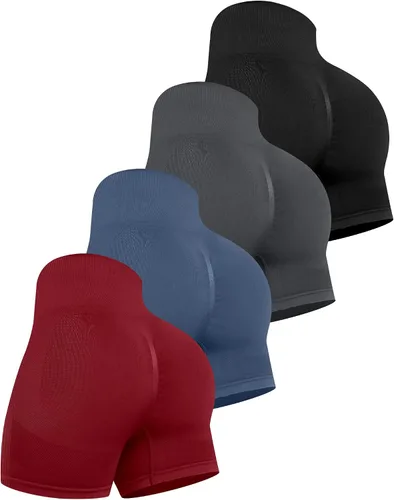 Vista 14 de CHRLEISURE Pantalones Cortos de Entrenamiento para Mujer, 4 Paquetes, Cintura Alta, Levantamiento de Glúteos con Fruncido, Pantalones Cortos Booty