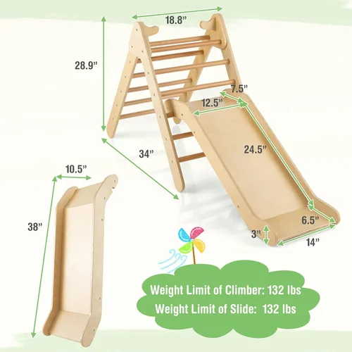 Vista 7 de HONEY JOY Escaladora triangular con rampa, escalera triangular para niños para guardería, gimnasio y parque infantil, juguetes de escalada Natural