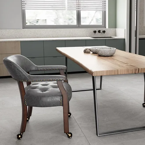 Vista 23 de Silla de comedor con ruedas y brazos, sillas de póker de PU, gris antiguo