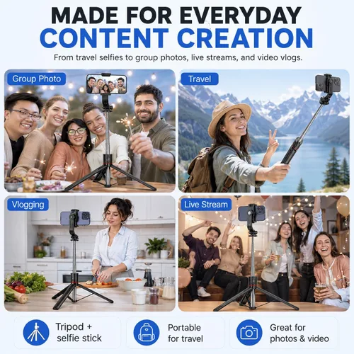 Vista 4 de Trípode desmontable para teléfono de 67 pulgadas, palo para selfie, portátil, extensible, cámara estable, fácil de selfie, con control remoto