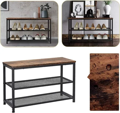 Vista 5 de Banco de zapatos, zapatero de madera de 3 niveles, estantes de colocación con asiento para entrada, sala de estar y pasillo