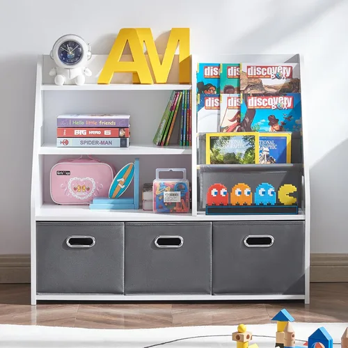 Vista 6 de Marcytop Montessori - Estantería y organizador de almacenamiento de juguetes, estantería de madera 3 en 1 con 3 contenedores de tela para juguetes