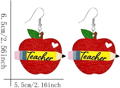 Vista 2 de Aretes colgantes creativos para profesores, estudiantes, libro de madera, regla, globo, tijeras, aretes colgantes para mujeres y niñas, joyería