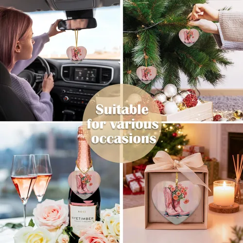 Vista 4 de Adorno rosa de vaquera occidental, adornos de corazón de vaquera occidental para decoración de fiesta de árbol de Navidad, botas de vaquero florales