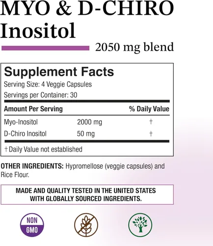 Vista 2 de Puregen Labs - Suplemento de inositol Myo inositol y D-Chiro Inositol 2050mg - 120 cápsulas vegetales Sin aditivos nocivos Sin OMG, sin gluten