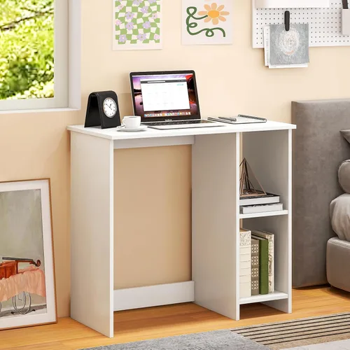 Vista 9 de Escritorio blanco para computadora, escritorio moderno con estantes de almacenamiento, mesa de juegos compacta, escritorios de madera para oficina
