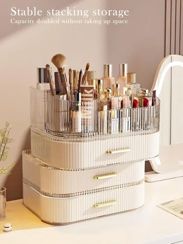 Vista 5 de Organizador de maquillaje giratorio de 360° con cajón, exhibición de almacenamiento de cosméticos de acrílico transparente, contador de belleza