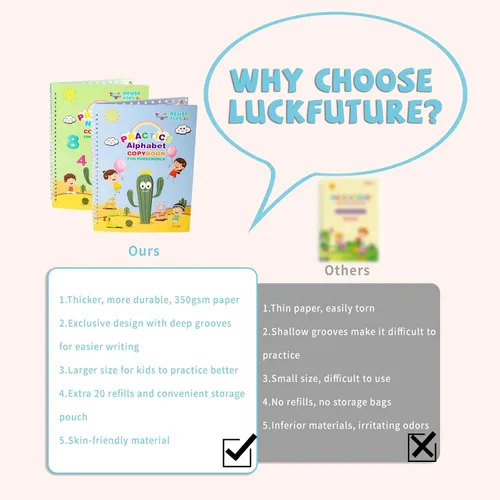 Vista 8 de LUCKFUTURE Libro de práctica de escritura a mano con ranuras, cuadernos mágicos reutilizables para niños, conjunto de práctica de escritura a mano