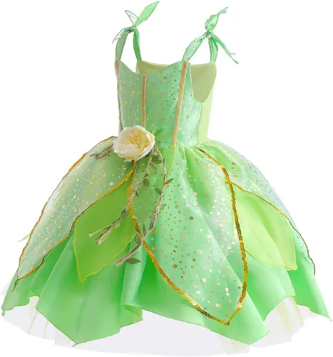 Vista 4 de Disfraz de hada de flores, conjunto de disfraz de princesa para niñas, Tinker Bell ropa para Halloween, disfraz de cosplay con ala, verde