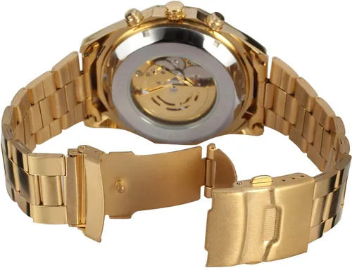 Vista 3 de FORSINING Reloj de pulsera redondo analógico automático para hombre con pulsera de acero inoxidable, Oro, Moderno