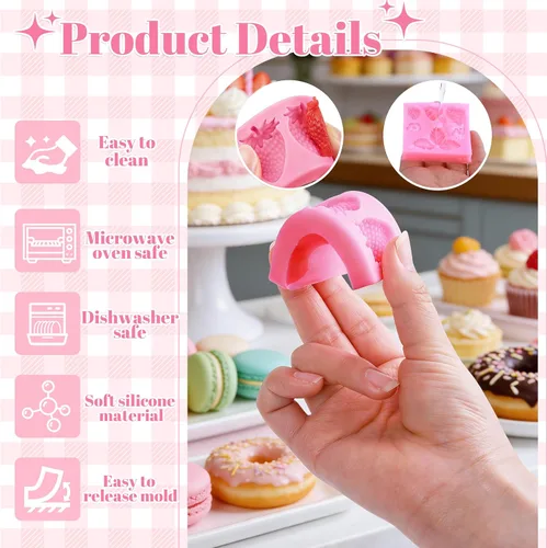 Vista 3 de YunKo Juego de moldes de silicona para fondant, paquete de 3 moldes flexibles de chocolate y fresa, moldes de fresa de grado alimenticio