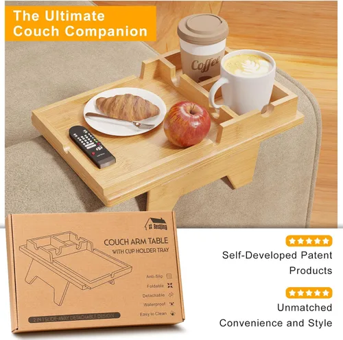 Vista 9 de Bestjing Bandeja de bambú para portavasos de sofá – 2 en 1 con soporte doble desmontable Be Slide-Away – Sofá sillón Caddy para beber aperitivos