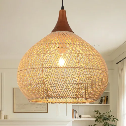 Vista 12 de Luces Colgantes Bohemias, Candelabro de Ratán de 1 Luz de 15.7", Luz Colgante de Mimbre Tejida a Mano con Pantalla de Jacinto de Agua, Luz Colgante