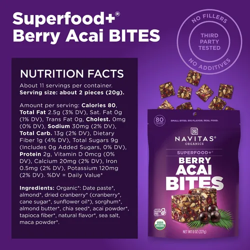 Vista 2 de Navitas Organics Berry Acai Superfood+ BITES – Power Snacks – Todo natural a base de plantas – Energía limpia y nutrición – USDA orgánico, sin OMG