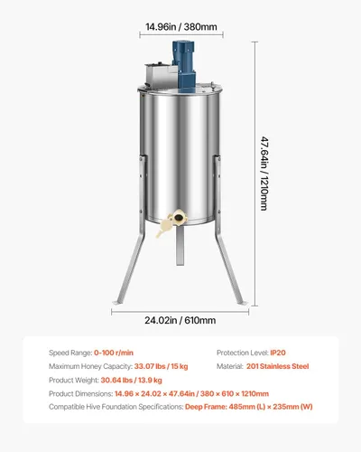 Vista 7 de VEVOR Extractor eléctrico de miel, extractor de miel de 3 marcos con tapa transparente, centrifugadora de tambor de panal de acero inoxidable