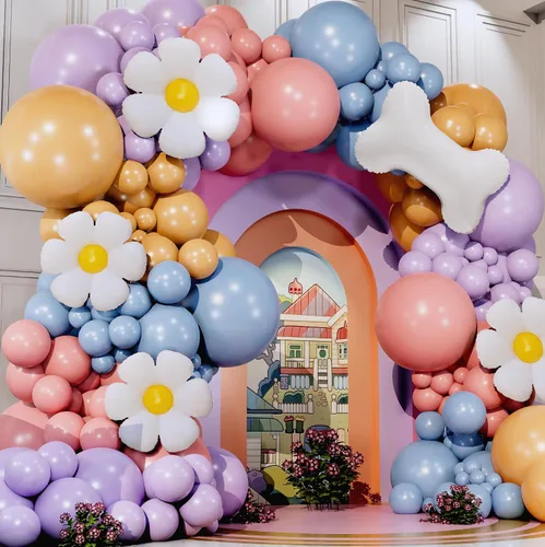 Vista 4 de Kit de arco de globos azules TODO EN 1 con globos BONUS de hueso y margarita para decoración de cumpleaños de niña - Guirnalda de globos pastel