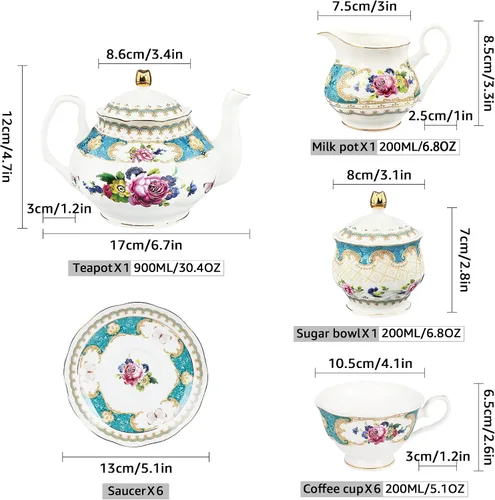 Vista 6 de fanquare Juego de té de porcelana europea de 21 piezas, tazas y platillos verde azulado para 6, juego de regalo de té azul para adultos