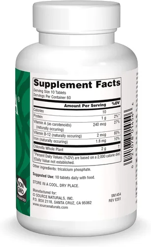 Vista 2 de Source Naturals Yaeyama Chlorella 200mg Algas Superalimento Suplemento Nutricional Fuente de B-12, Hierro, Proteína y Vitamina A - 600 Tabletas