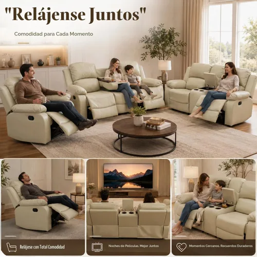 Vista 5 de Juego de sofá reclinable manual de 3 piezas, juego de muebles de sala de estar de tela beige con sofá reclinable de 3 asientos, sofá biplaza
