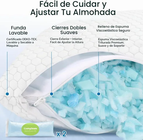 Vista 4 de CushyOasis - Juego de 2 almohadas de espuma viscoelástica triturada para dormir, almohadas de cama con sistema de enfriamiento, almohadas ajustables