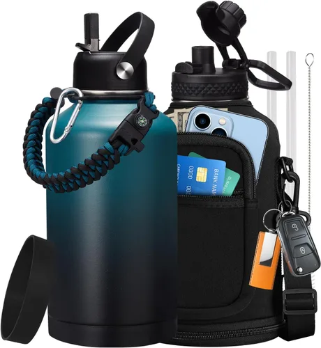 Vista 24 de Botellas de agua de 32 onzas aisladas con pajita y tapa para beber de un sorbo, asa de paracord, bolsa de transporte con correa, termo de triple