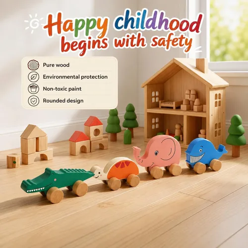 Vista 2 de TOWO - Autos de madera para niños pequeños – Animales sobre ruedas – Vehículos sensoriales de agarre motriz juguete – Camiones de empuje y marcha