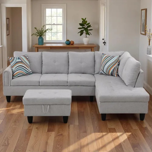 Vista 8 de Sofá modular de cuero en forma de L de 3 piezas – Sofá modular convertible con diván móvil y otomana de almacenamiento, uso multiescenario para sala