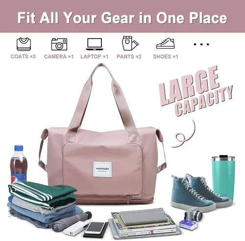 Vista 3 de WOOMADA Bolsa de viaje plegable, bolsas de fin de semana para mujer, bolsa de mano con espacio expandible, bolsas de transporte para aviones