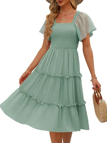 Vista 14 de LILLUSORY Vestido midi fruncido con cuello cuadrado y mangas con vuelo Negro