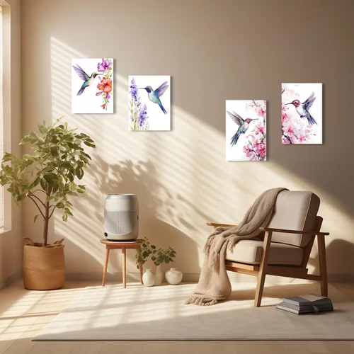 Vista 5 de QIXIANG Lienzo decorativo para pared, 2 piezas, acuarela, colibríes y flores, naturaleza, impresiones para cocina, dormitorio, oficina, decoración