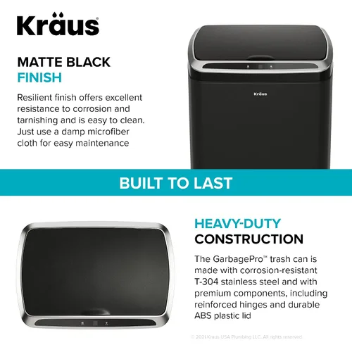 Vista 11 de Kraus GarbagePro Bote de basura rectangular de 13 galones manos libres con sensor de movimiento operado por batería en acabado negro mate con tapa