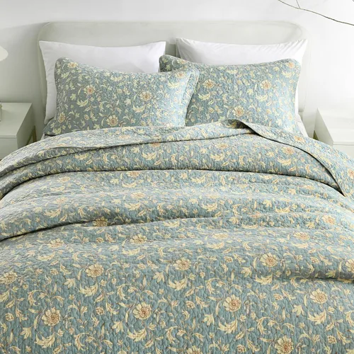 Vista 7 de Finlonte Juego de edredón de tamaño Queen 100% algodón, ligero, suave, vintage, con estampado botánico, acolchado, azul, floral, reversible, juego