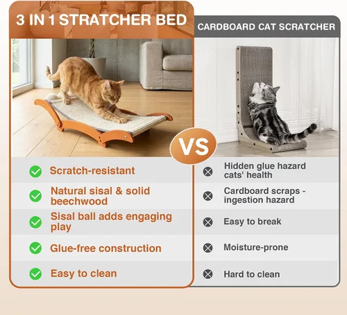 Vista 9 de Cama rascador para gatos 3 en 1 extragrande con 3 bolas de sisal interactivas, poste rascador de madera maciza con juguete, hamaca resistente