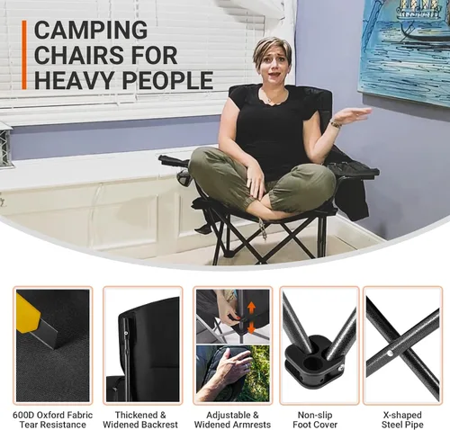 Vista 3 de KingCamp Sillones plegables portátiles acolchados para exteriores con portavasos integrado, funda térmica aislada y bolsillo de almacenamiento Negro