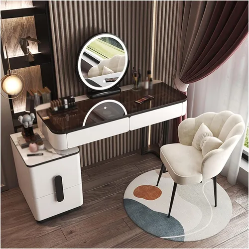 Vista 15 de Tocador de maquillaje, mesa de cristal, tocador, moderno, simple, avanzado, de madera, para dormitorio, almacenamiento, tocador, espejo inteligente
