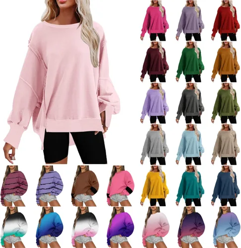 Vista 6 de Sudadera de gran tamaño para mujer, con aberturas laterales, casual, manga larga, cuello redondo, sin botones, ropa de otoño