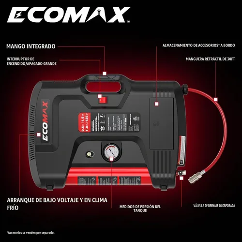 Vista 2 de ECOMAX Compresor de aire de montaje en pared, inflador de neumáticos, compresor de aire portátil, sin aceite, con manguera de aire retráctil de 30