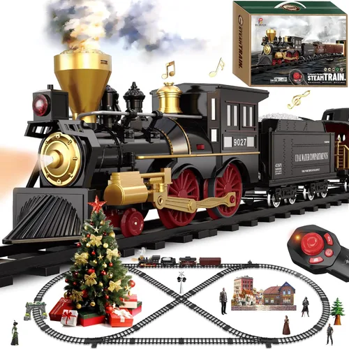 Vista 15 de Juego de tren para niños con control remoto, juguetes de tren con locomotora de vapor, tanque de combustible y pistas de lujo, trenes eléctricos