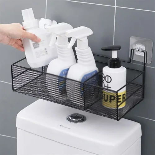 Vista 2 de Estantes de baño, organizador de baño de montaje en pared con 2 compartimentos, alambre de metal sin taladrar cesta organizadora para cuarto de Negro