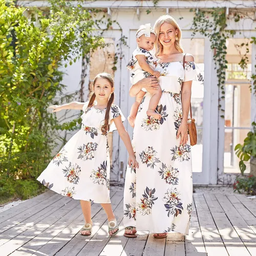 Vista 3 de PopReal - Vestidos con estampado floral a juego para madre e hija, de gasa, con volantes, manga corta, para la playa, con diadema, con tira de tela