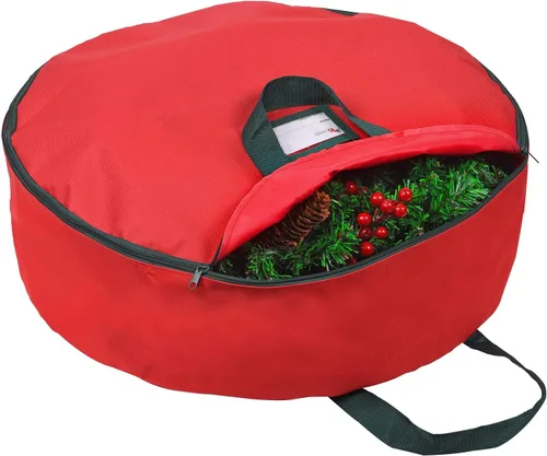 Vista 6 de Bolsa de almacenamiento de corona de Navidad resistente de 24 pulgadas, contenedor de coronas con asas, material de poliéster Oxford 600D duradero