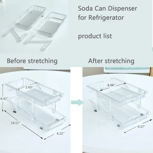 Vista 4 de Paquete de 2 dispensadores de latas de soda para refrigerador, organizador de latas de soda de ancho ajustable, organizador apilable de bebidas