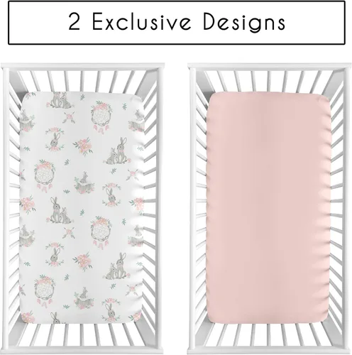 Vista 2 de Sweet Jojo Designs Juego de sábanas de moisés de bebé de 2 piezas (diseño floral de conejito del bosque) para niñas, colchón ovalado, rectangular