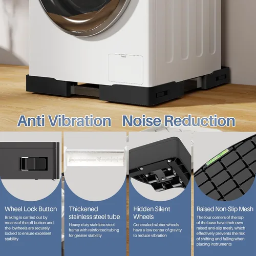 Vista 5 de Rodillos para electrodomésticos, resistente, ajustable, mini soporte para lavadora y secadora con 16 ruedas de bloqueo, base universal para muebles